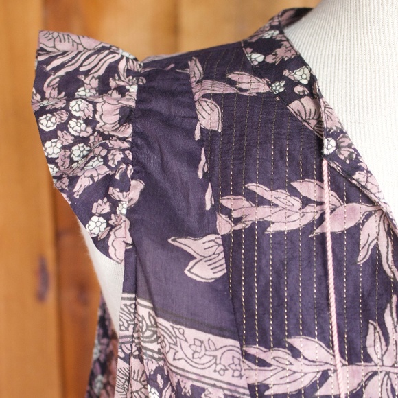 Alicia Bell Cotton & Silk Violet/Blue Peasant Boho Sleeveless Floral Midi Dress - Picture 6 of 16